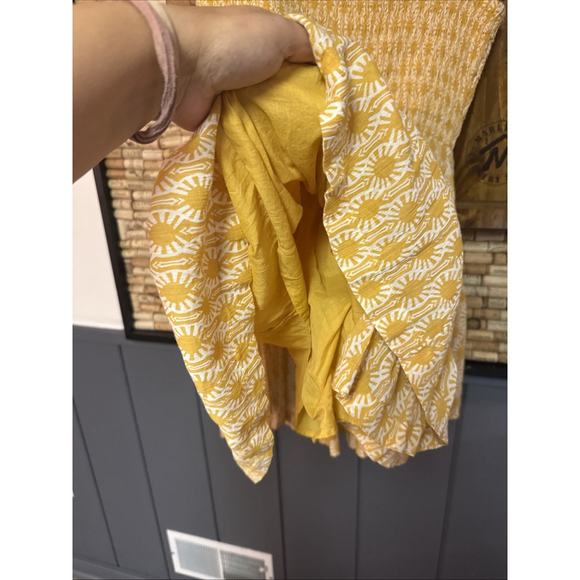 FREE PEOPLE Sweet Annie Smocked Mini Dress Mustard Block Print Floral Sz small - Picture 4 of 7